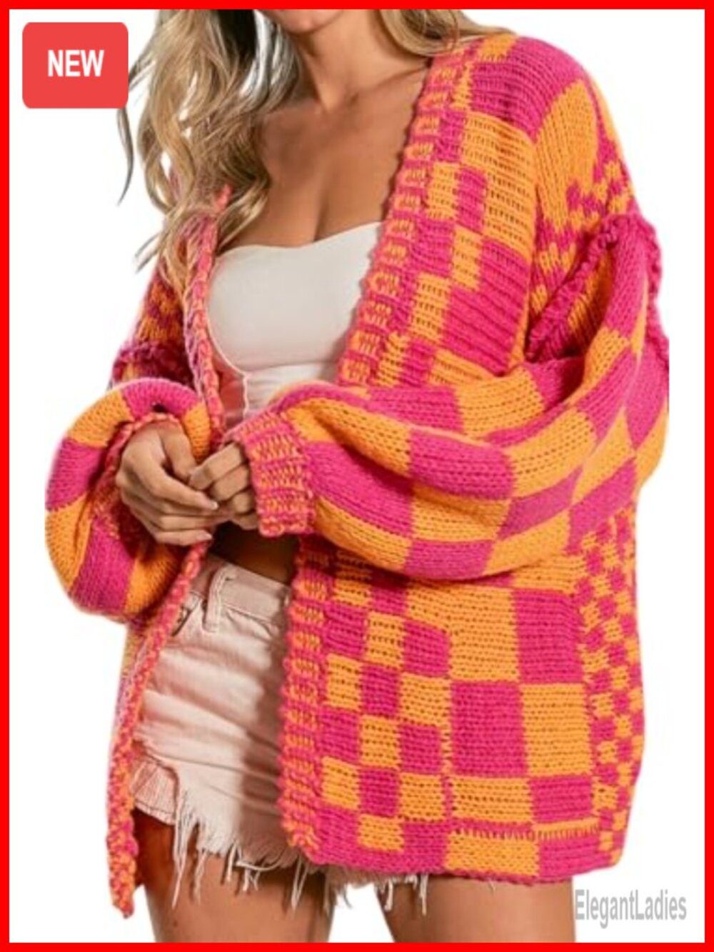 100% Acrylic Chunky Cardigan Sweater Open Front Loose Fit Plaid Knit